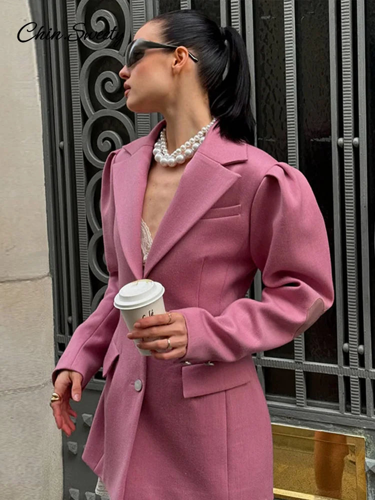 Blazer elegante para mujer, con mangas abullonadas, solapa entallada, botonadura sencilla, cintura ceñida, chaqueta femenina, primavera 2025, ropa de calle para dama