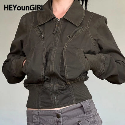 Chaqueta cargo Y2K para mujer, estilo vintage, con cremallera, informal, con detalle de costuras y bolsillos, para otoño e invierno, ropa de calle.