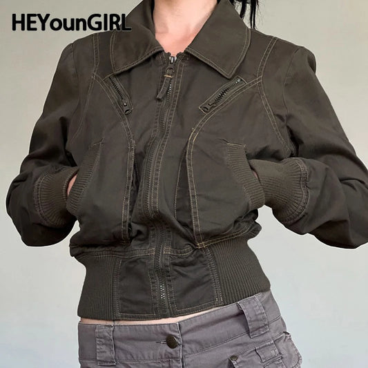 Chaqueta cargo Y2K para mujer, estilo vintage, con cremallera, informal, con detalle de costuras y bolsillos, para otoño e invierno, ropa de calle.