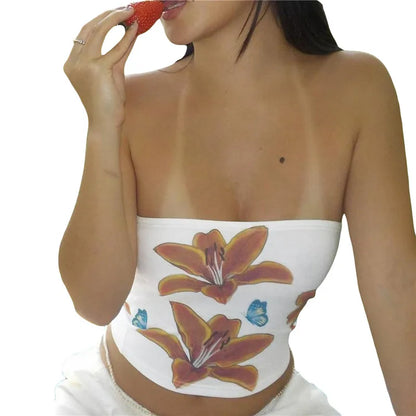 Top sin tirantes Y2K, ropa de coqueta para mujer, estampado floral, hombros descubiertos, sin mangas, chaleco bandeau, ropa de calle de los años 2000