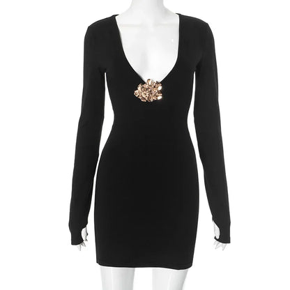 Vestido sexy metalizado ajustado con escote pronunciado para mujer, minivestido de manga larga con cintura alta, elegante, liso, para fiesta otoñal.