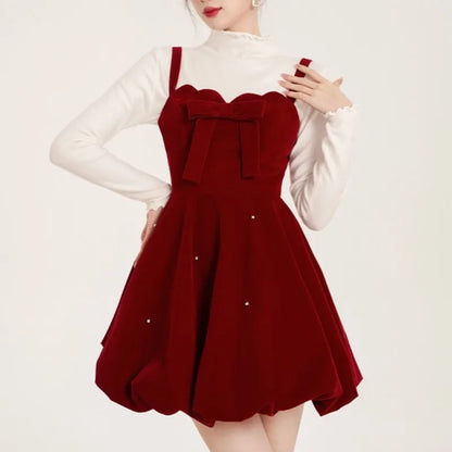 Conjunto de dos piezas navideño para mujer, suéter liso, corte A, terciopelo, vestido corto sin mangas, moda coreana, otoño, nuevos conjuntos