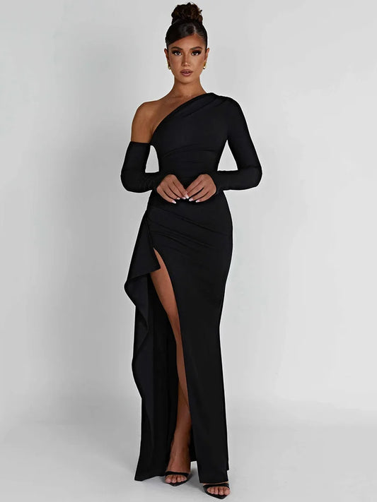 Vestido largo ajustado con hombros al descubierto y abertura hasta el muslo para mujer, manga larga, espalda descubierta, sexy, para fiesta y club