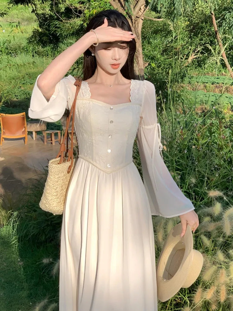 Vestidos midi franceses vintage con mangas acampanadas para mujer, cuello cuadrado, corte en A, otoño, nuevo, informal, liso, para fiesta, ropa femenina