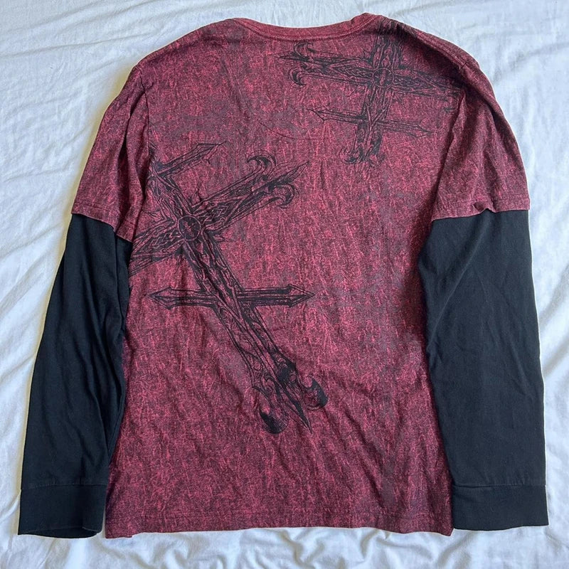 Camiseta vintage grunge emo Y2K de los años 2000, estilo cross cyber goth, con retazos, de manga larga, estilo e-girl, estilo gótico harajuku, holgada, para mujer y hombre.