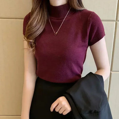 Blusas y tops de mujer Blusa de manga corta de verano para mujer Blusas de mujer de moda Blusa de punto de cuello alto Tops de camisa