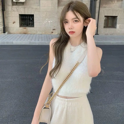 Sexy Faux Fur Crop Tops Women Vintage Y2k Clothes Knitted Tank Top Sleeveless Club Party Outfits Korean Fashion New