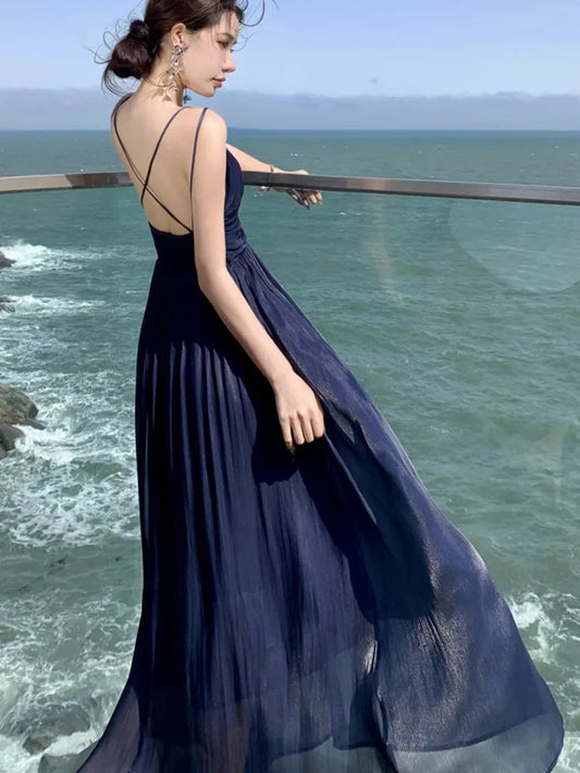 Vestido largo de verano con tirantes finos para mujer, vestido de fiesta de noche con escote en V y corte en A, sin espalda, de una pieza