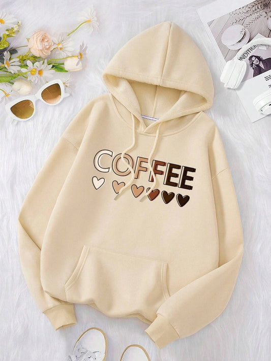 Sudadera con capucha y estampado gráfico de letras divertidas Love Coffee para mujer, sudadera de forro polar a la moda, informal, tallas S-XXL, ropa de otoño de gran tamaño