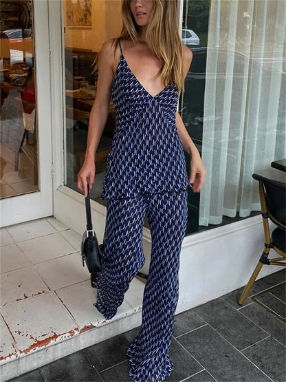 Conjunto de dos piezas con pantalones estampados de moda para mujer, jersey ajustado con cuello en V en contraste y pantalones de pierna ancha, ropa informal.