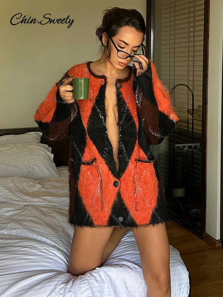 Suéter de punto de mohair con cuello redondo y contraste de colores para mujer, estampado geométrico, manga larga, holgado, de un solo pecho, prenda de punto para mujer, top que combina con todo