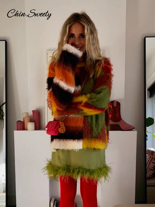 Suéter informal de punto de mohair para mujer, suéter holgado de manga larga con cuello redondo colorido, nueva moda de otoño para mujer, prendas de punto a juego