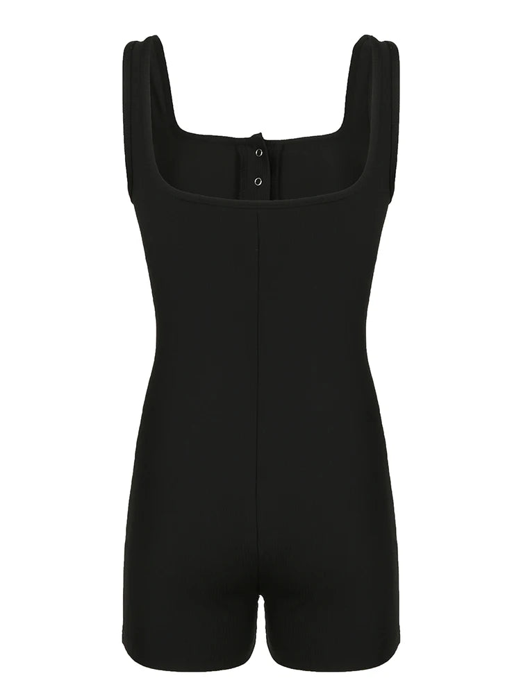 Monos ajustados sexis negros acanalados sin mangas con cuello cuadrado y botones, detalles sólidos, básicos, de tirantes, monos