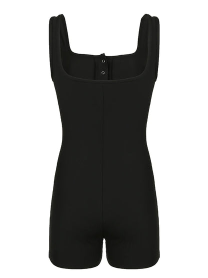 Monos ajustados sexis negros acanalados sin mangas con cuello cuadrado y botones, detalles sólidos, básicos, de tirantes, monos