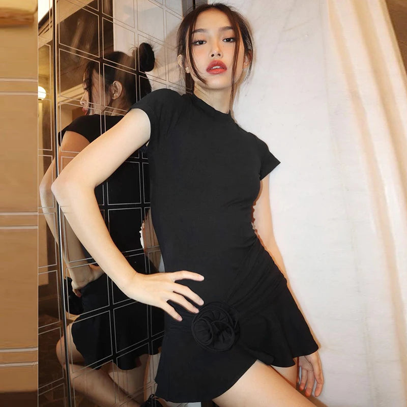 O Neck Short Sleeve Ruched Floral Pattern Ruffles Short Dresses  Summer Korean Y2K Streetwear Casual Fashion Clothes