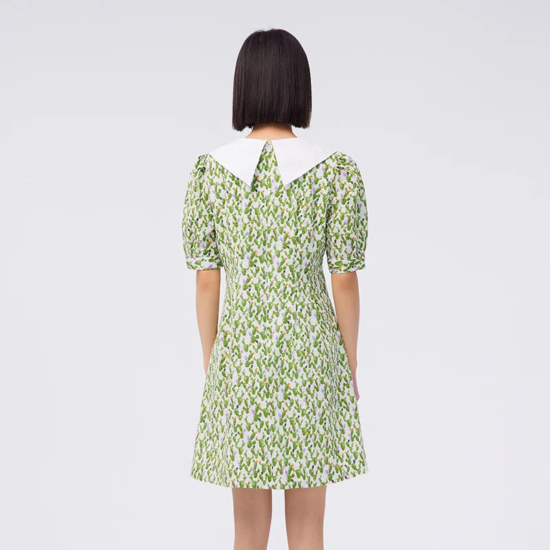 Dress Women Contrast Color Big Lapel Summer New Full Print Waist Textured Skirt Fresh For Women