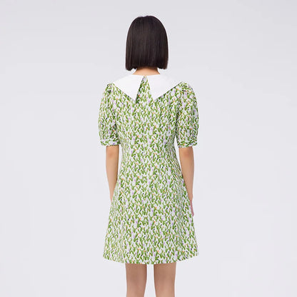 Dress Women Contrast Color Big Lapel Summer New Full Print Waist Textured Skirt Fresh For Women