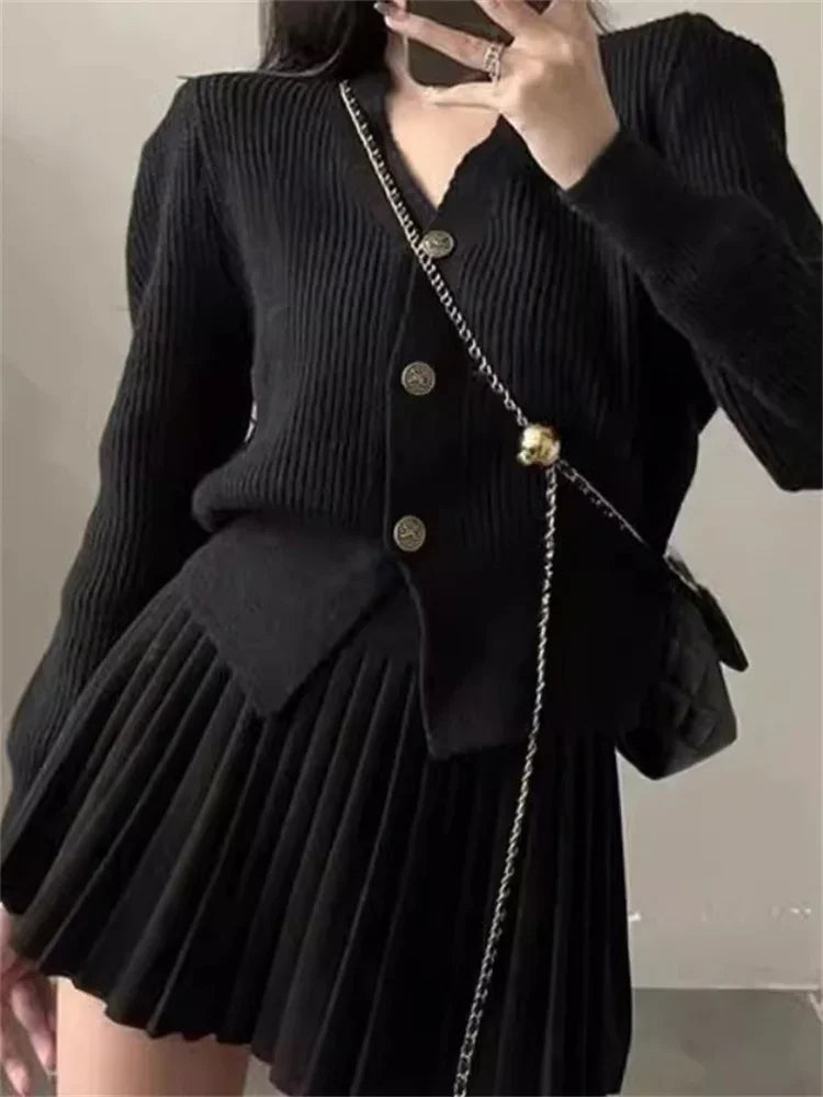 Vintage Female Knit 2 Piece-Set Pleated Skirts Casual Ribbed Cardigan Sweater And Skirt Sets Female Knitwear Outfits