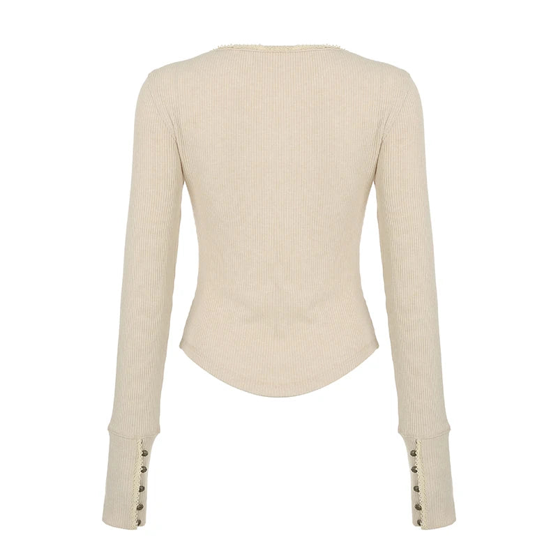 Camisetas básicas de punto con encaje y botones elegantes y retro para mujer, de manga larga, exquisitas y ajustadas, para otoño.