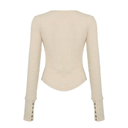 Camisetas básicas de punto con encaje y botones elegantes y retro para mujer, de manga larga, exquisitas y ajustadas, para otoño.