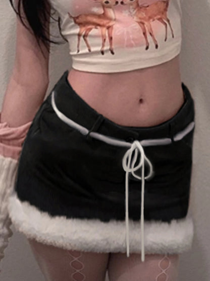 Minifalda negra Hotsweet para mujer, otoño, nueva ropa Y2k, falda de pana con lazo y ribete falso, combina con todo.