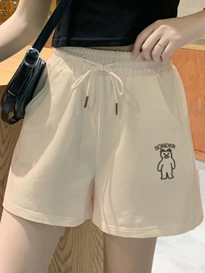 Loose Shorts Solid Pants For Women Streetwear Summer Clothes Cute Bear Printed Ropa De Mujer Elastic High Waist Casual Trousers