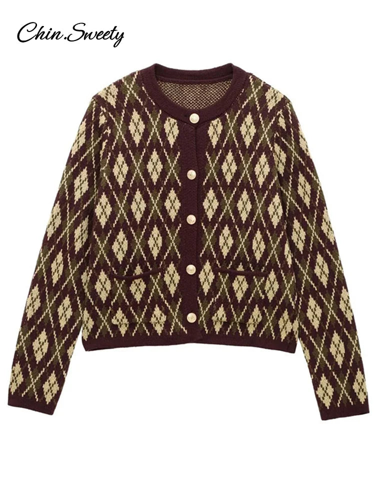 Plaid Knitted Slim Cardigan Women  Autumn O-neck Long Sleeve Metal Button Short Sweater Coat Lady All-matching Knitwear New