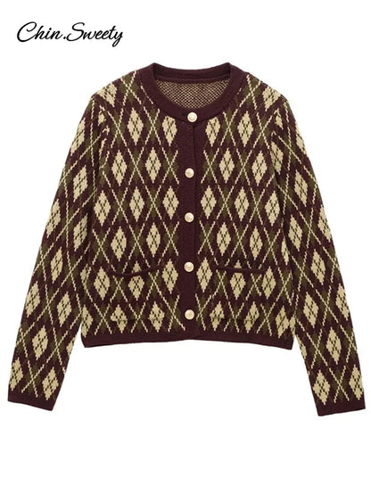 Plaid Knitted Slim Cardigan Women  Autumn O-neck Long Sleeve Metal Button Short Sweater Coat Lady All-matching Knitwear New