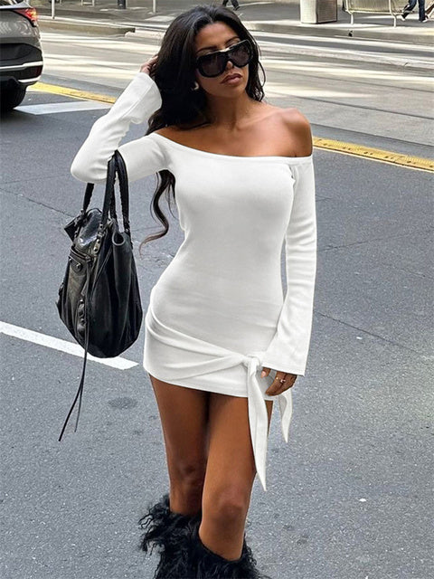 Fashion Bandage Off-Shoulder MIni Dress For Women Patchwork Lace-Up Backless Elegant Clothes Ladies  Bodycon Dress