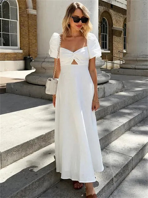 Square Neck Hollow Out White Long Dress For Women Twist Fashion Short Sleeve High Waist Autumn Party Dress Women’s Clothes