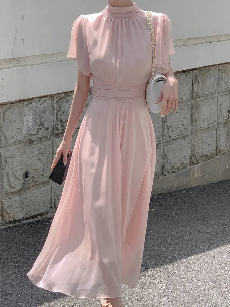 Elegantes vestidos midi sólidos para mujer, con volantes, cuello medio alto, corte en A, para oficina, informales, moda coreana, otoño, nuevos vestidos para mujer
