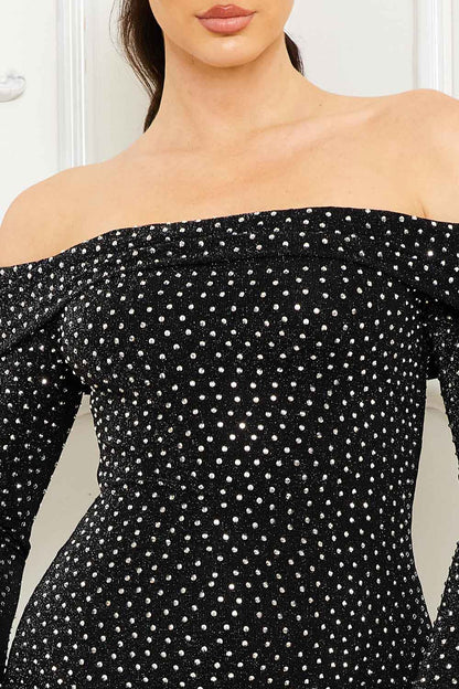 Symphony Dress - Rhinestone Off The Soulder Midi Dress