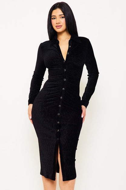 Symphony Dress - Textured Fabric Button Up Front Midi Shirt Dress