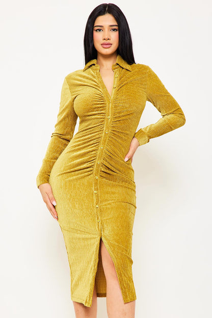 Symphony Dress - Textured Fabric Button Up Front Midi Shirt Dress