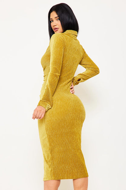 Symphony Dress - Textured Fabric Button Up Front Midi Shirt Dress