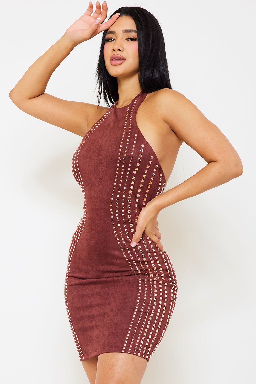 Symphony Dress - Multi Rhinestone Strap Suade Mini Dress