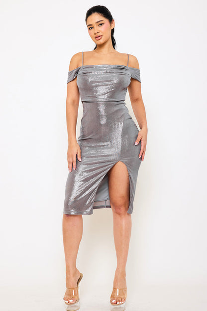 Symphony Dress - Shimmer Satin Off The Shoulder Midi Dress