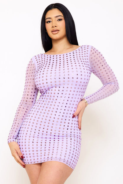 Symphony Dress - Square Rhinestone Long Sleeve Mini Dress