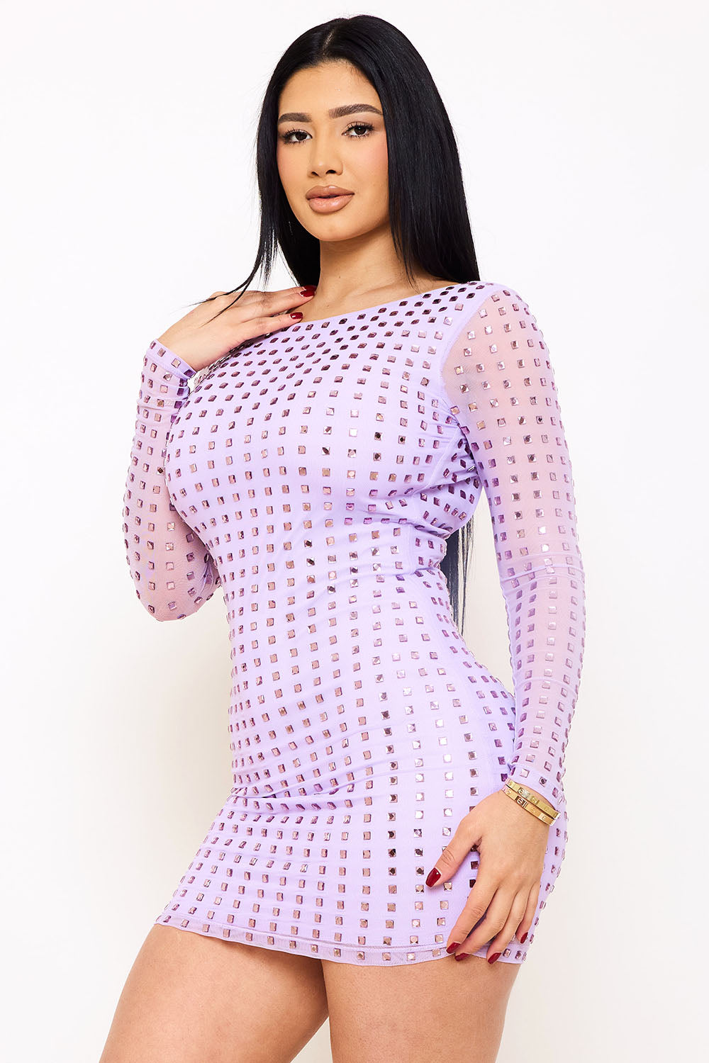 Symphony Dress - Square Rhinestone Long Sleeve Mini Dress