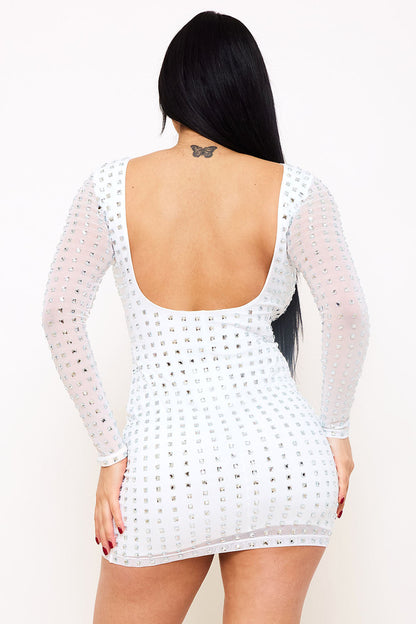 Symphony Dress - Square Rhinestone Long Sleeve Mini Dress