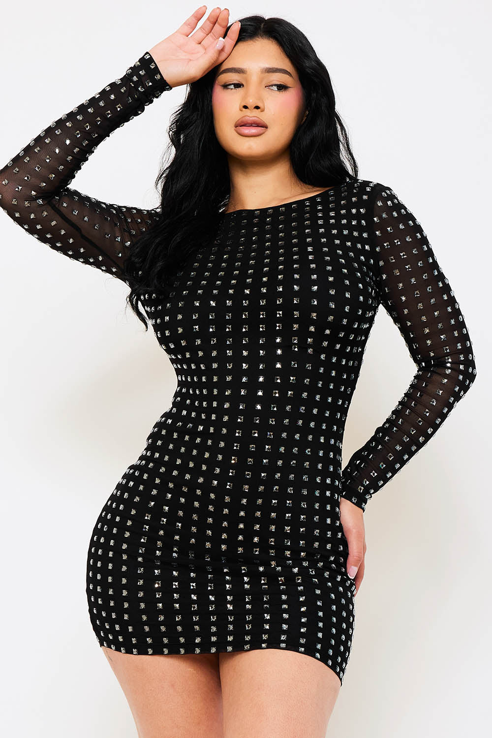 Symphony Dress - Square Rhinestone Long Sleeve Mini Dress