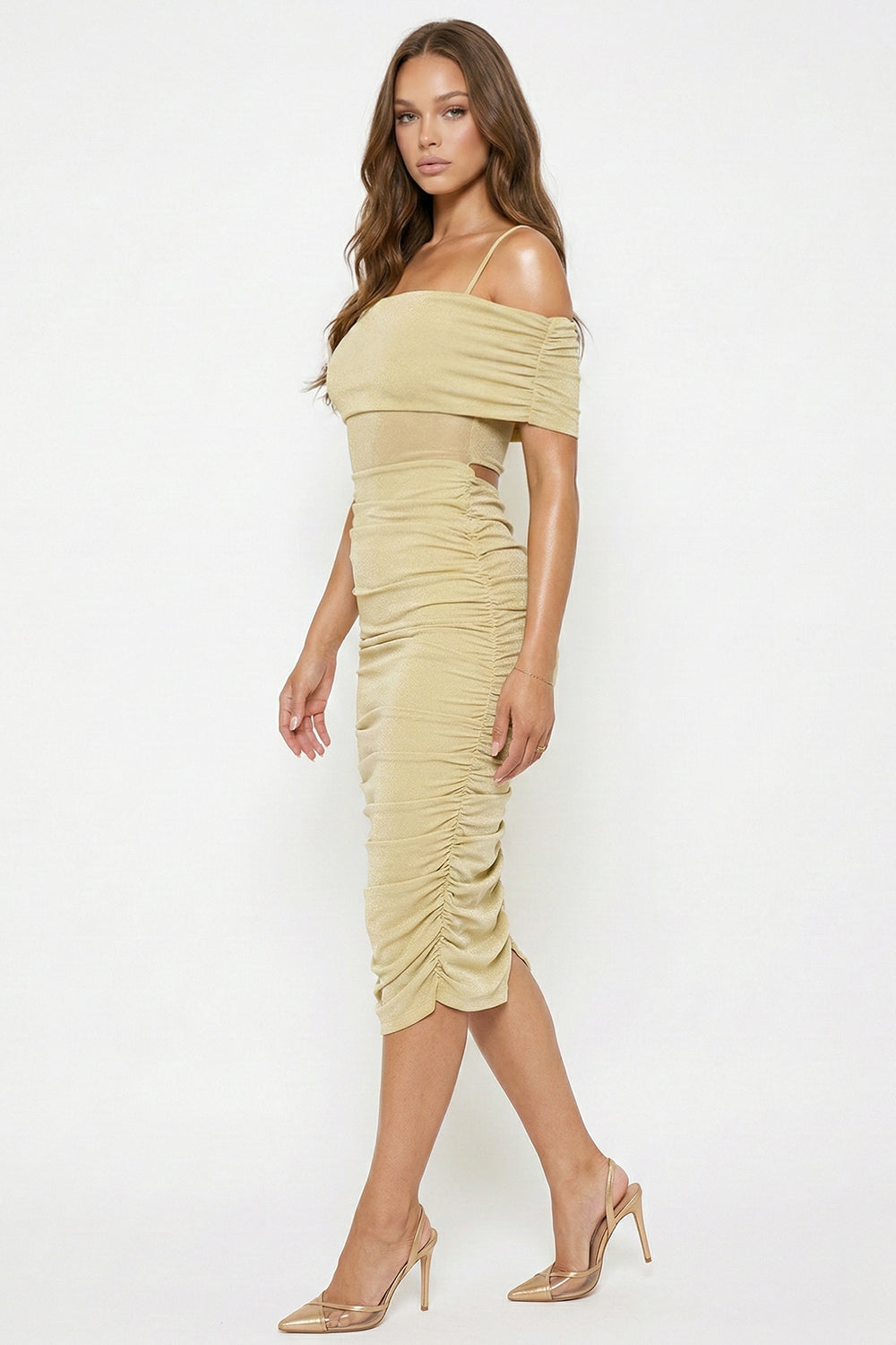 Symphony Dress - Glitter Open Shoulder Midi Dress