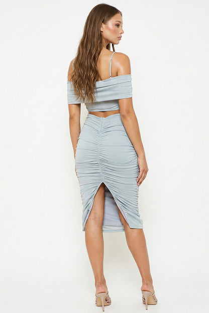 Symphony Dress - Glitter Open Shoulder Midi Dress