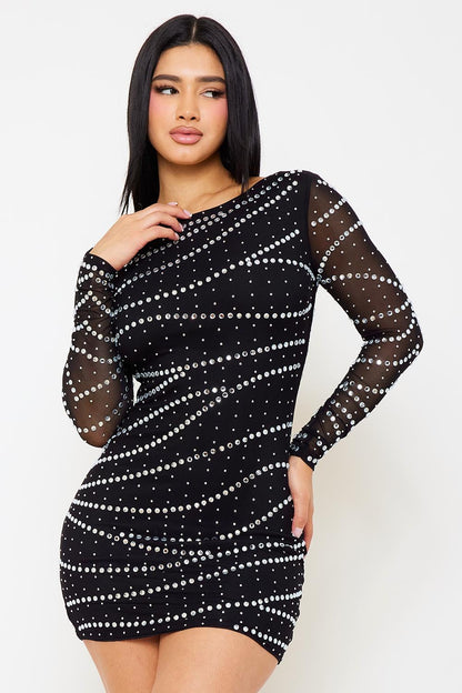 Symphony Dress - Small And Large Rhinestone Patterned Mesh Mini Dress