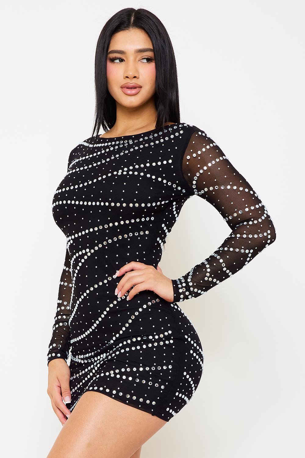 Symphony Dress - Small And Large Rhinestone Patterned Mesh Mini Dress