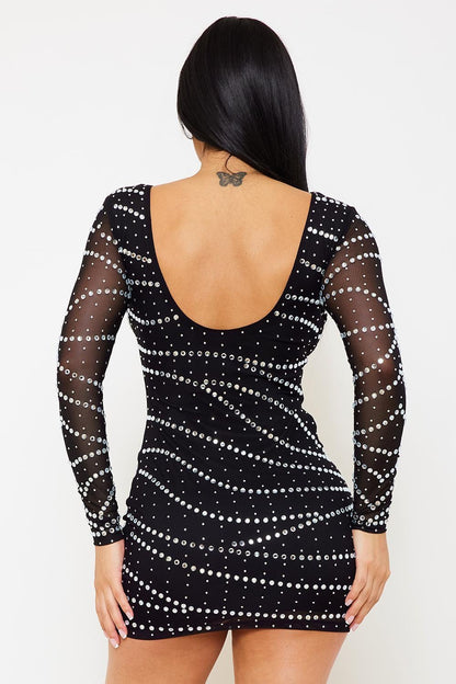 Symphony Dress - Small And Large Rhinestone Patterned Mesh Mini Dress