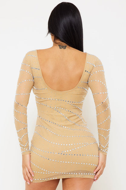 Symphony Dress - Small And Large Rhinestone Patterned Mesh Mini Dress