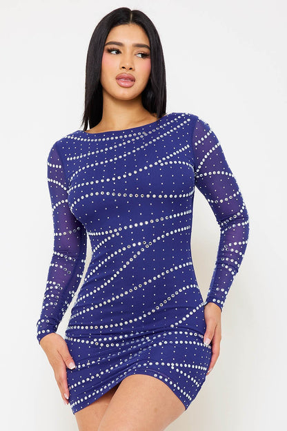 Symphony Dress - Small And Large Rhinestone Patterned Mesh Mini Dress