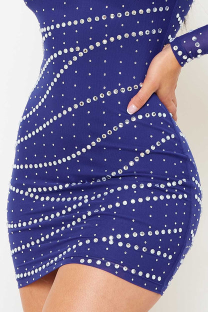 Symphony Dress - Small And Large Rhinestone Patterned Mesh Mini Dress