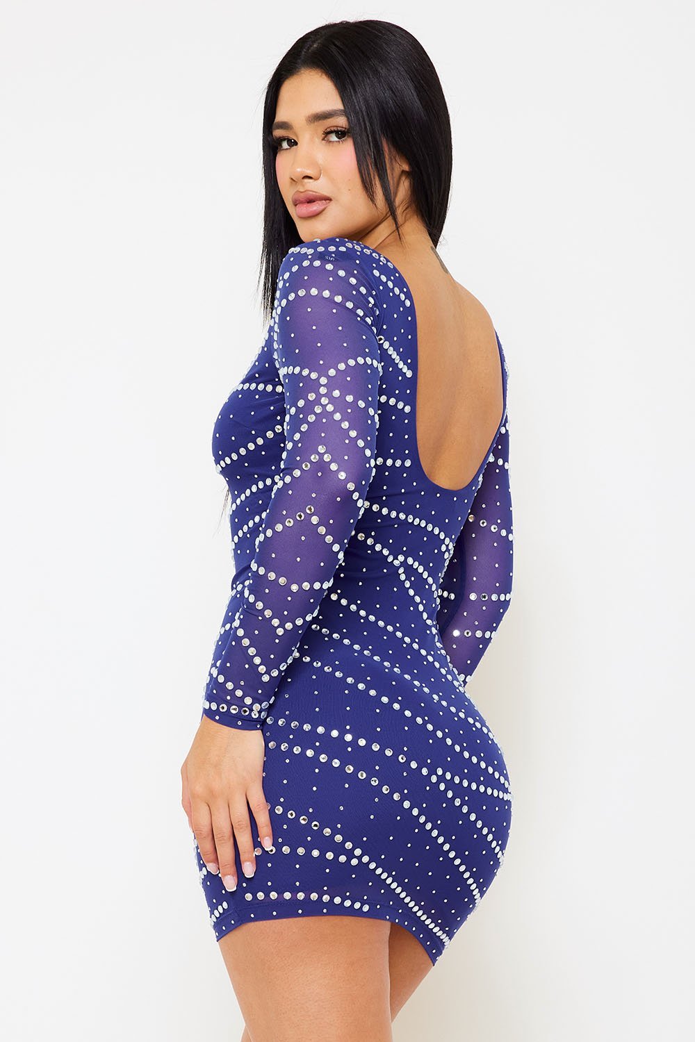 Symphony Dress - Small And Large Rhinestone Patterned Mesh Mini Dress